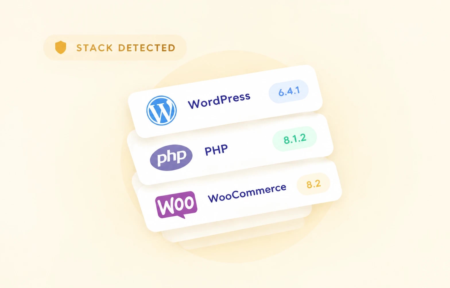 Example of a stack detected by Zyre on a site: WordPress 6.4.1, PHP 8.1.2 and WooCommerce 8.2, each with its exact version.